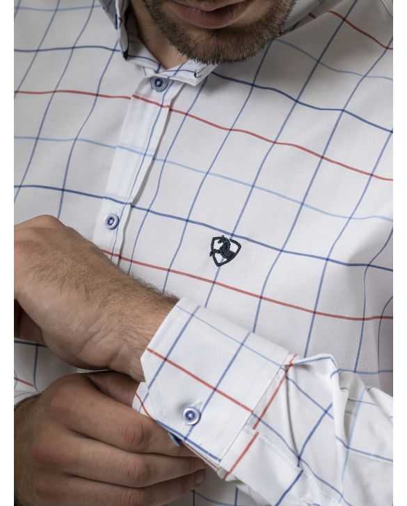 CAMISA CUADROS TINTA, CELESTE Y NARANJA