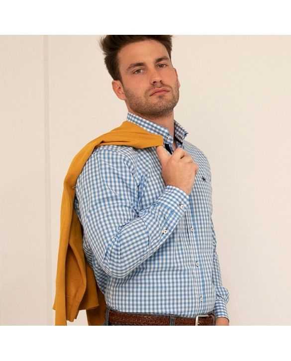 CAMISA SEMIENTALLADA CUADROS VICHY CELESTE 