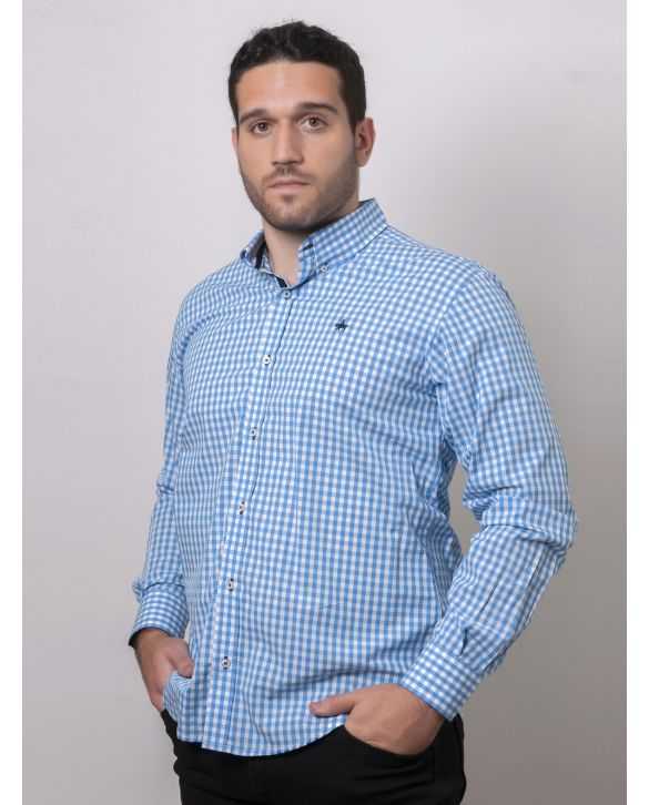 CAMISA SEMIENTALLADA CUADROS VICHY CELESTE 