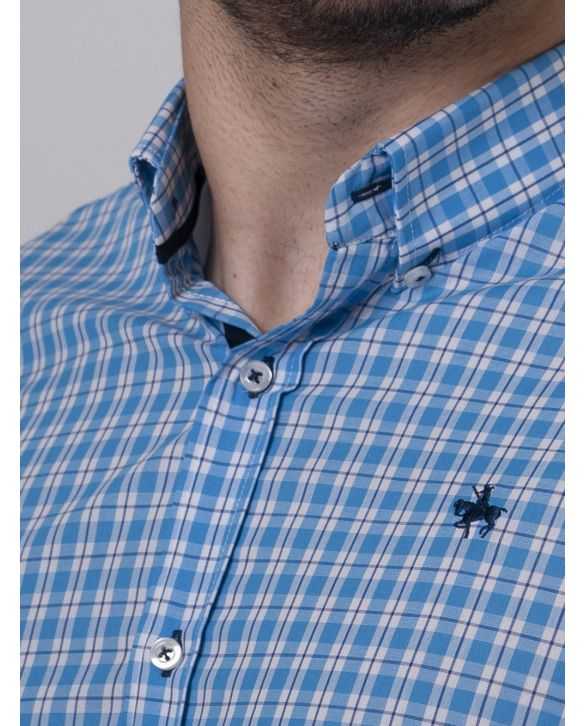 CAMISA SEMIENTALLADA CUADROS TURQUESA