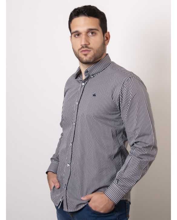 CAMISA SEMIENTALLADA RAYAS NEGRO Y GRIS
