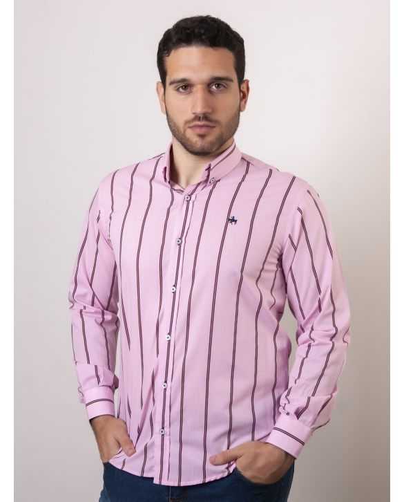 CAMISA SEMIENTALLADA ROSA RAYAS GRANATE