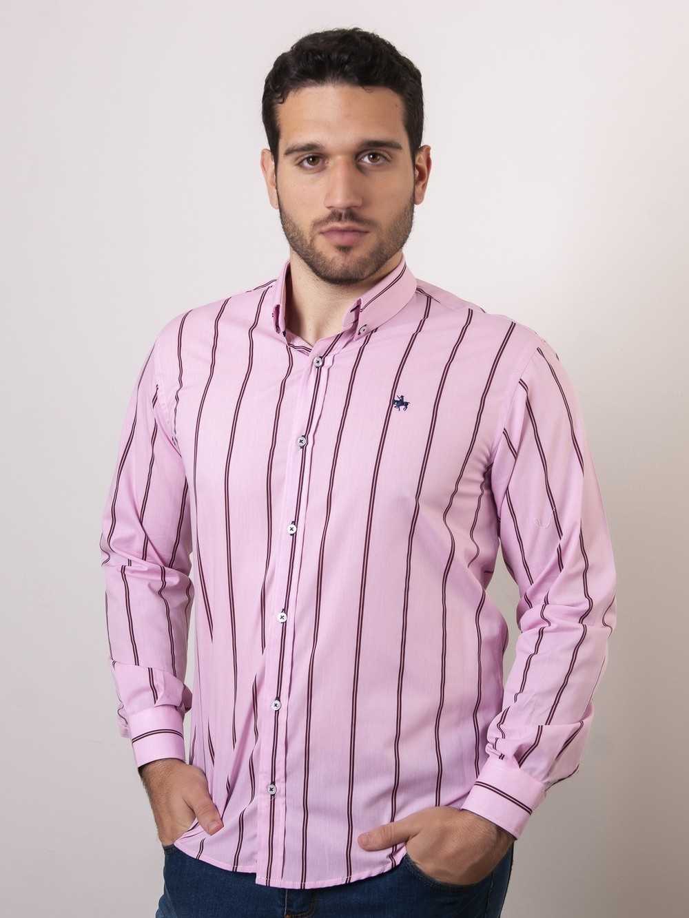 CAMISA SEMIENTALLADA ROSA RAYAS GRANATE