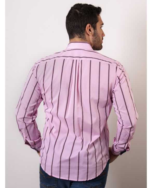 CAMISA SEMIENTALLADA ROSA RAYAS GRANATE