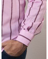 CAMISA SEMIENTALLADA ROSA RAYAS GRANATE