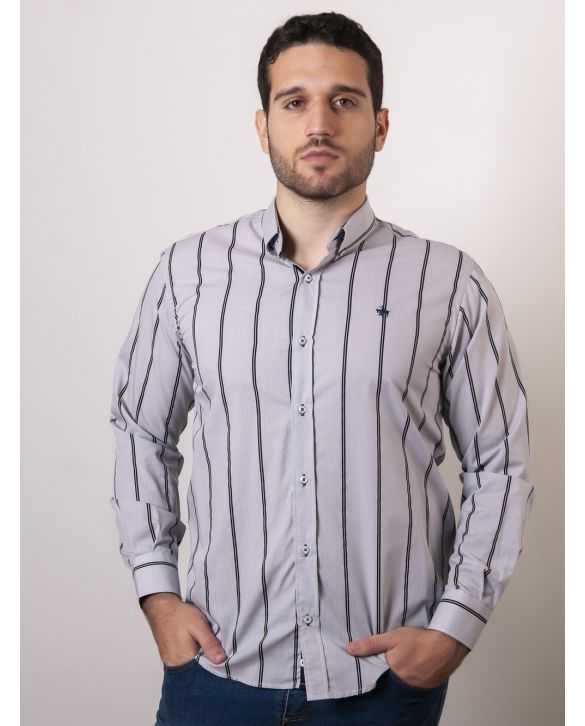 CAMISA SEMIENTALLADA GRIS RAYAS NEGRA