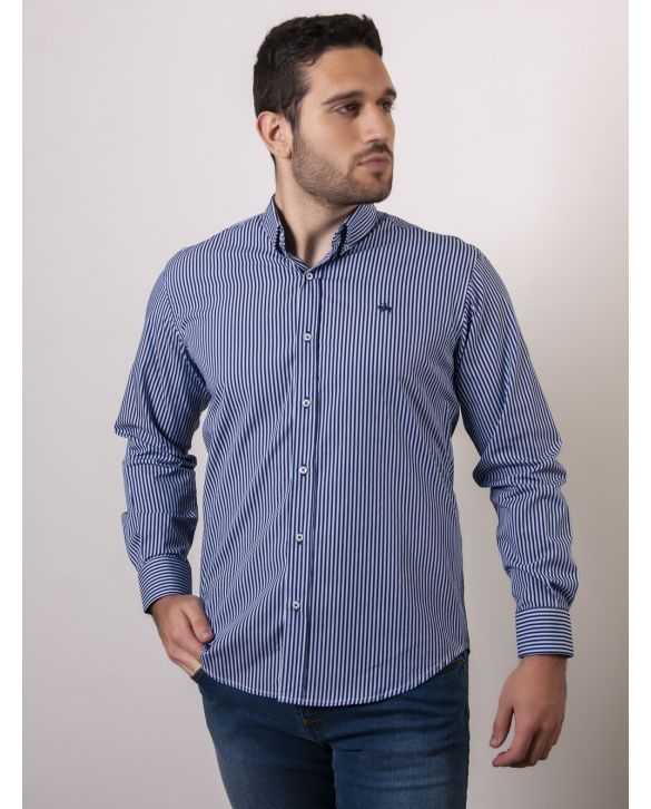 CAMISA SEMIENTALLADA RAYAS CELESTE Y MARINO