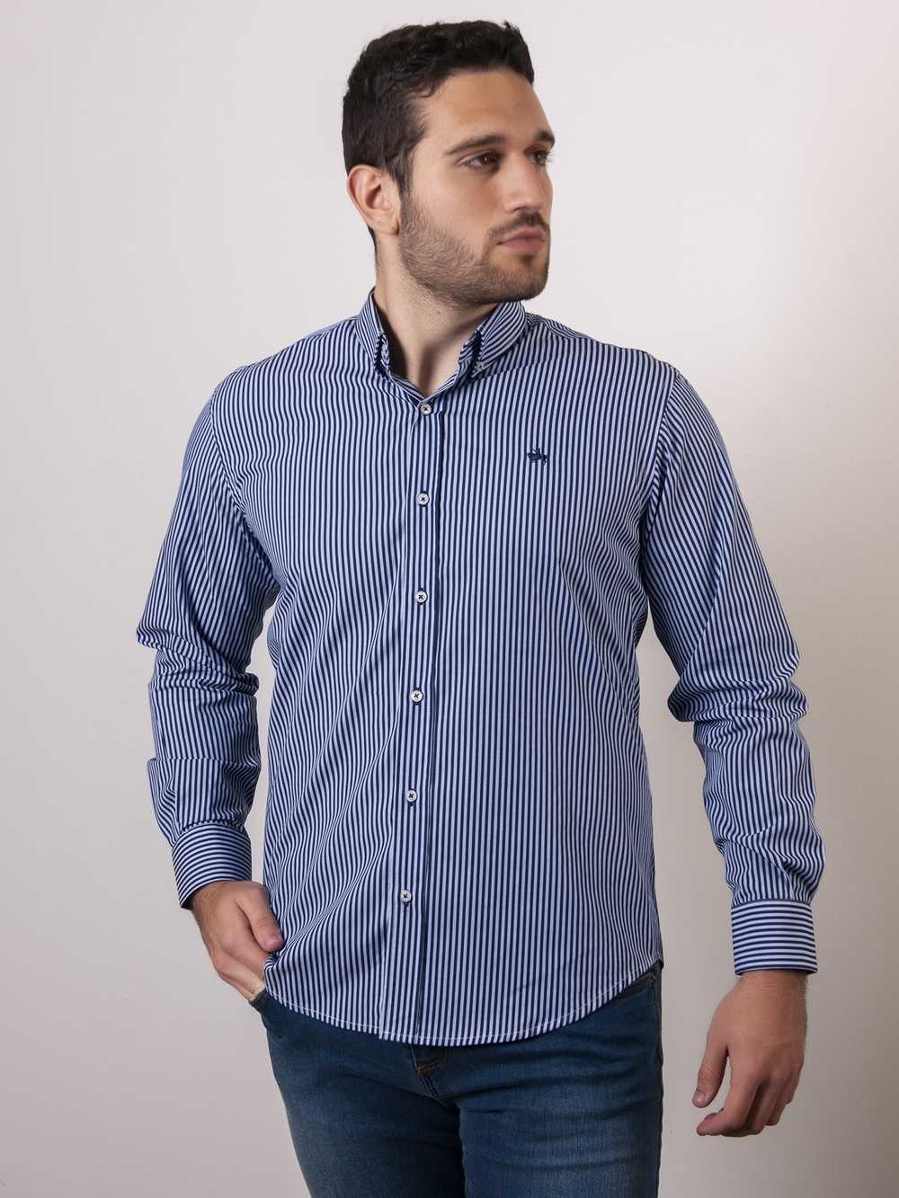 CAMISA SEMIENTALLADA RAYAS CELESTE Y MARINO