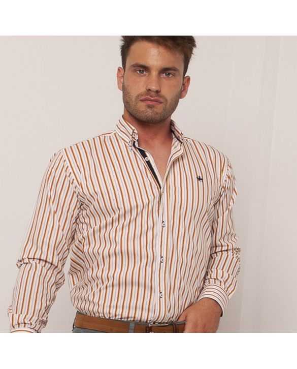 CAMISA SEMIENTALLADA RAYAS MOSTAZA