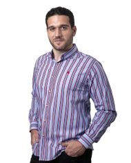 CAMISA SEMIENTALLADA CELESTE RAYAS ROJAS Y AZULES