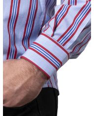 CAMISA SEMIENTALLADA CELESTE RAYAS ROJAS Y AZULES