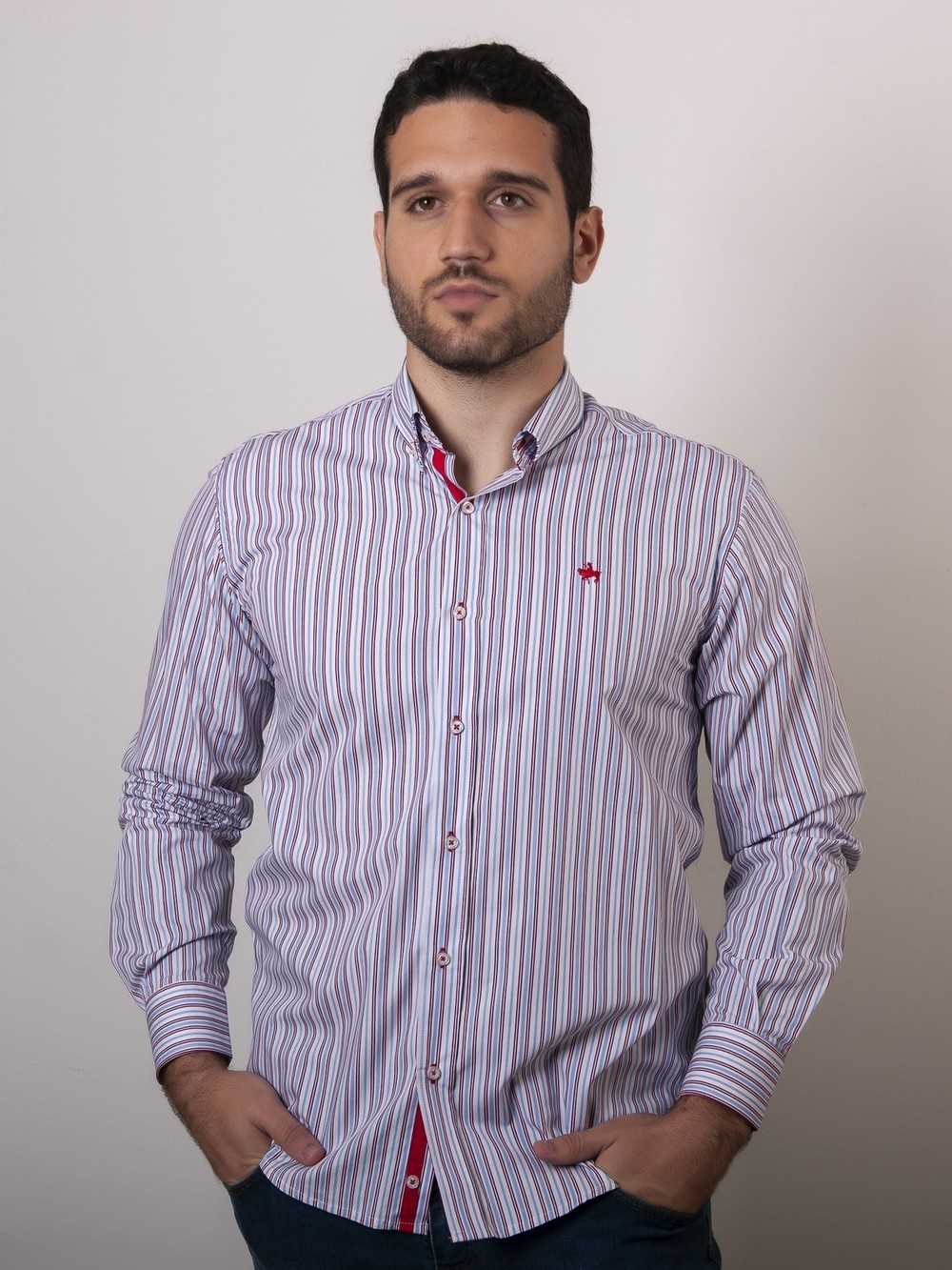 CAMISA SEMIENTALLADA RAYA GRANATE Y CELESTE