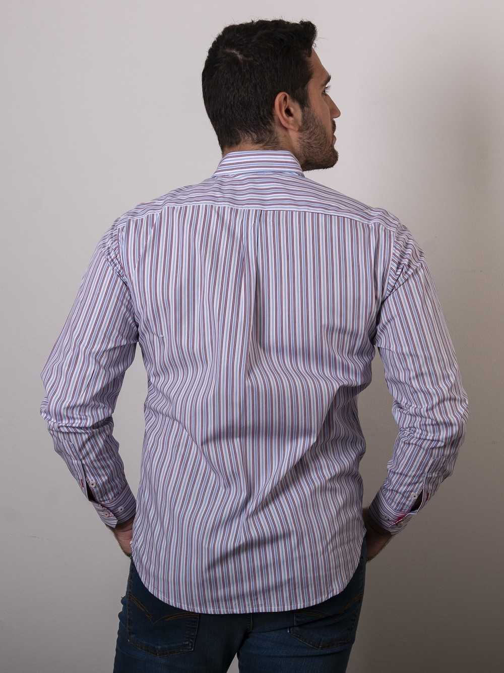 CAMISA SEMIENTALLADA RAYA GRANATE Y CELESTE