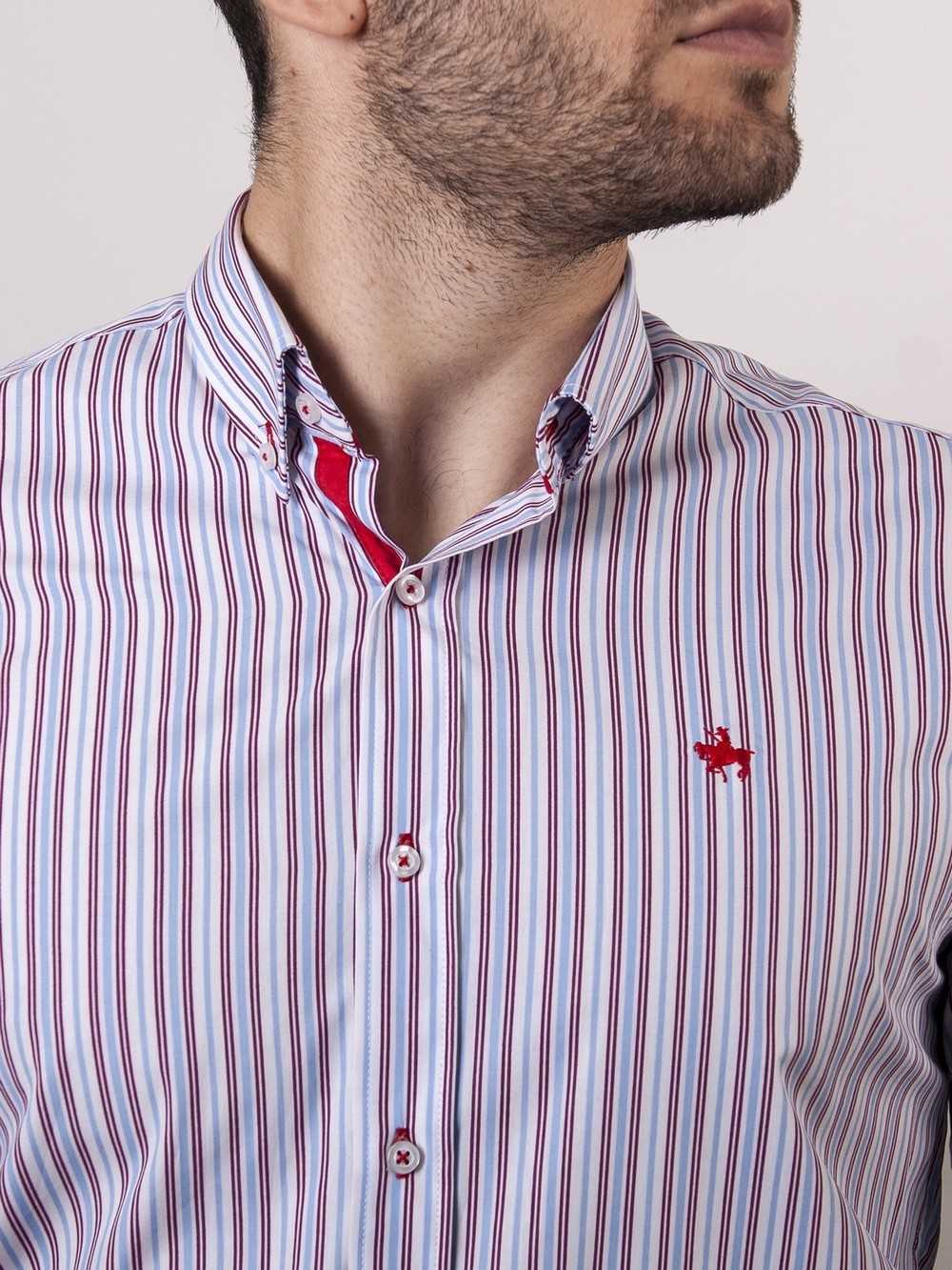 CAMISA SEMIENTALLADA RAYA GRANATE Y CELESTE