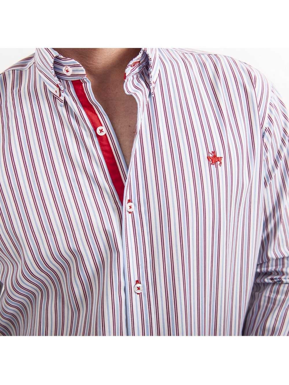 CAMISA SEMIENTALLADA RAYA GRANATE Y CELESTE