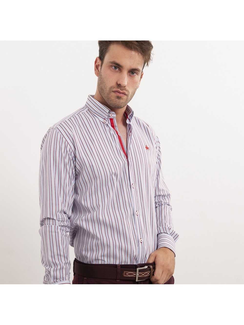 CAMISA SEMIENTALLADA RAYA GRANATE Y CELESTE