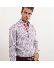 CAMISA SEMIENTALLADA RAYA GRANATE Y CELESTE