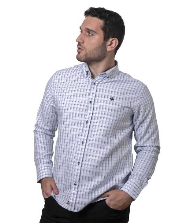 CAMISA SEMIENTALLADA CUADROS MARINO Y CELESTE