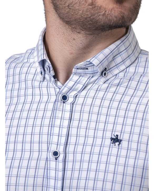 CAMISA SEMIENTALLADA CUADROS MARINO Y CELESTE