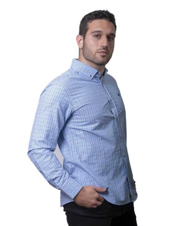 CAMISA SEMIENTALLADA CUADROS CELESTES DIBUJO